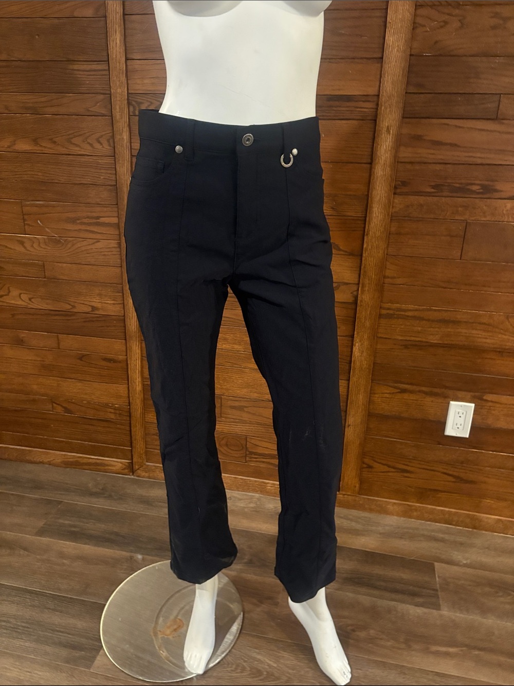 Simon Chang Black Cropped Straight-Leg Chinos with Ring Detail
